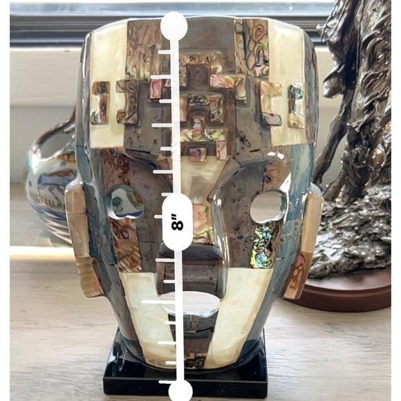 Vintage Mayan Turquoise & Abalone Mosaic Death Mask On‎ Black Stone Base - Picture 12 of 15